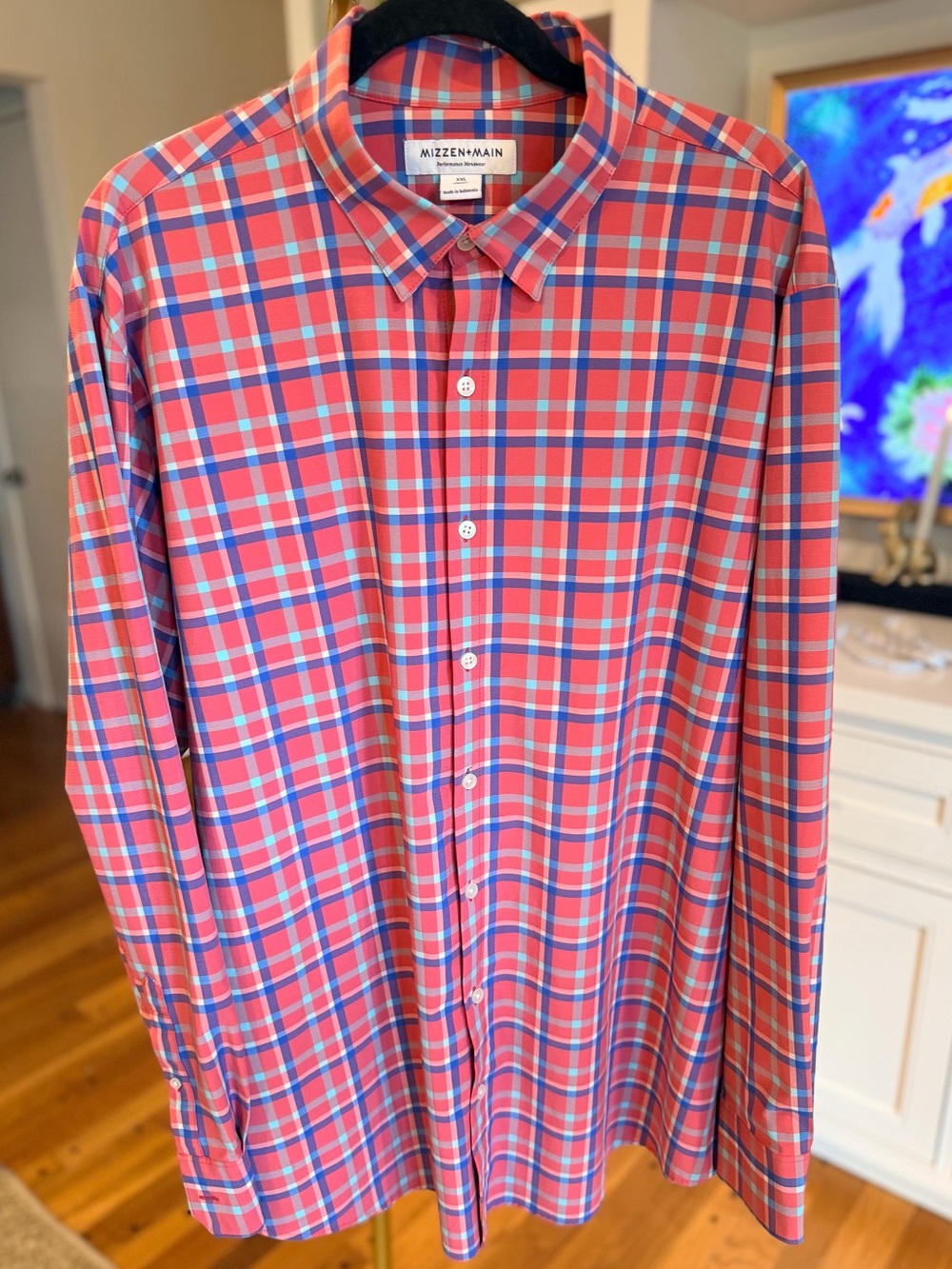 Mizzen+Main Leeward Coral and Blue Plaid Long-Sleeve Button-Down Shirt NWOT - Picture 7 of 7